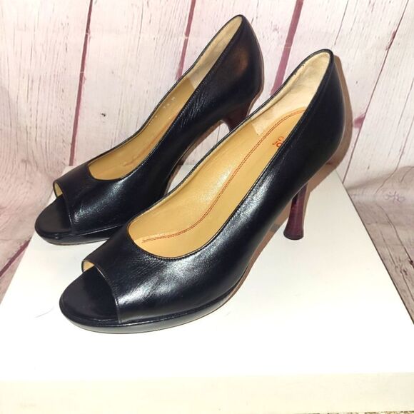 Charles Jourdan Paris Black Leather Peep Toe Stiletto Heel Pumps 7.5M sz. $345 - Picture 1 of 7